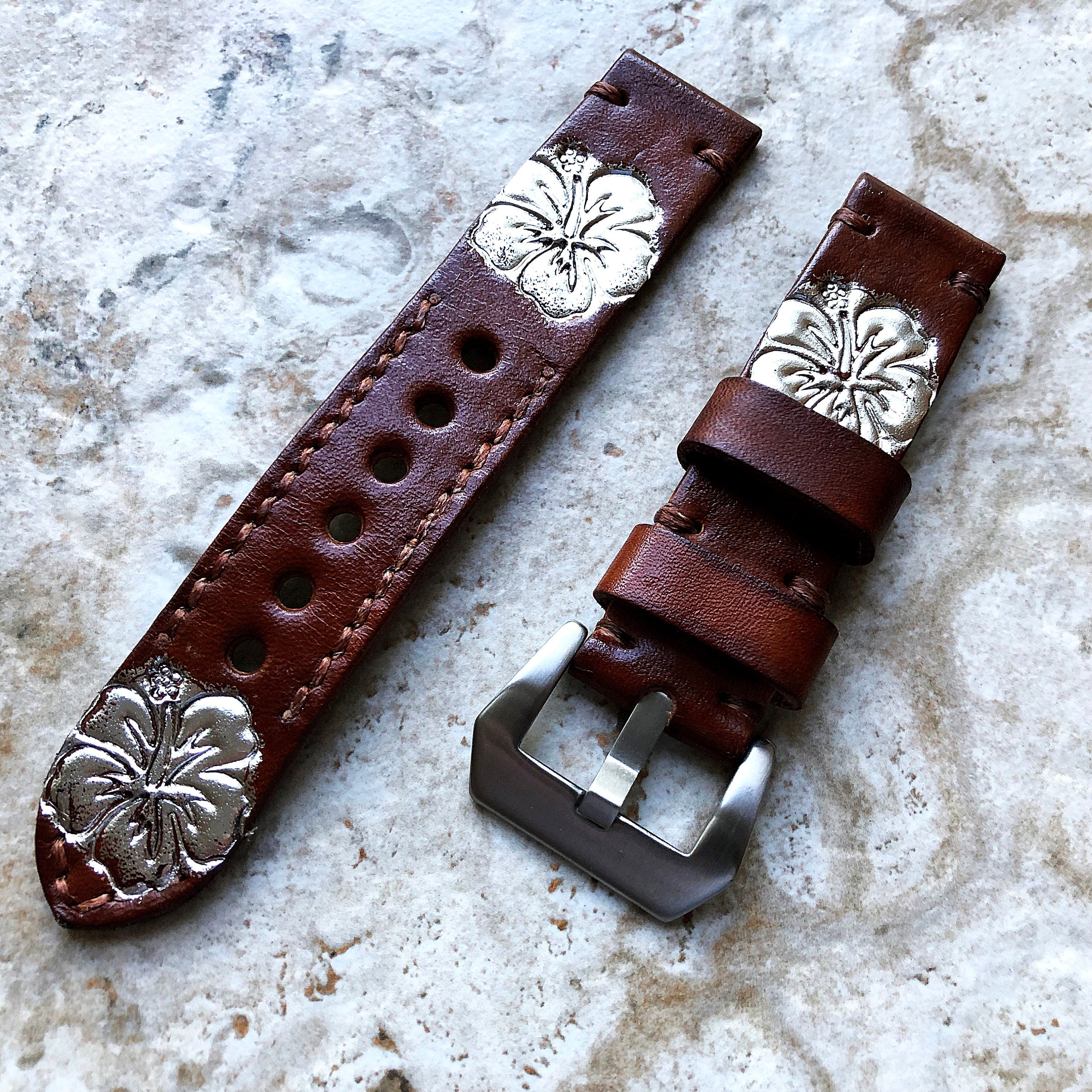 Orchid Flower Band 22mm 24mm 25mm Compatible with Apple Watch Fitbit Versa 2 3 4 Sense 2 Ionic Accented Embossed Leather Handmade Strap